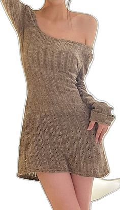 Casual Off-shoulder Mini Dress For Winter, Casual Off-shoulder Sweater Dress For Spring, Casual Off-shoulder Winter Sweater Dress, Casual Off-shoulder Sweater Dress For Winter, Casual Off-shoulder Sweater Dress For Party, Casual Beige Long Sleeve Mini Dress, Trendy Long Sleeve Sweater Dress For Summer, Casual Long Sleeve Brown Mini Dress, Brown Fitted Casual Sweater Dress