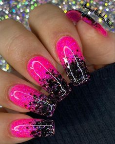 Pink Black Nails, Solar Nails, Unghie Sfumate, Pink Glitter Nails, Pink Gel Nails, Pink Ombre Nails, Hot Pink Nails, Ombre Nails Glitter, Fancy Nails Designs