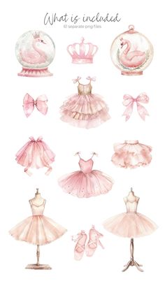 a bunch of different types of dresses and shoes in pink tones with the words what is included