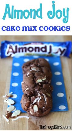 there is a chocolate cookie with almonds on the top and an ad for almond joy