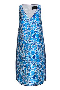 Current Boutique-J.Crew Collection - Aqua & Cobalt Floral Motif Silk & Cotton Shift Dress Sz 6 Printed Silk Daywear Dresses, Blue V-neck Satin Dress, Summer Silk Dresses With Patterned Design, Patterned Silk Summer Dresses, Summer Silk Patterned Dresses, Summer Patterned Silk Dress, Blue Printed Dresses For Daywear, Blue Silk Dress With Floral Print, Blue Floral Print Silk Dress