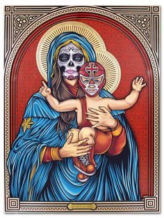 a painting of a woman holding a child with a skull on her face and wearing a mask