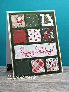 a handmade christmas card with lots of different designs on it, and the words happy holidays written in red