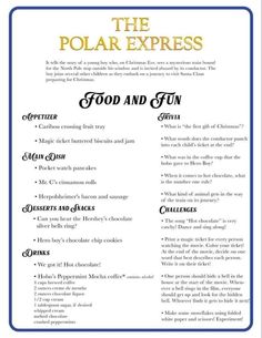 the polar express food and fun menu is shown in blue, with gold lettering on it