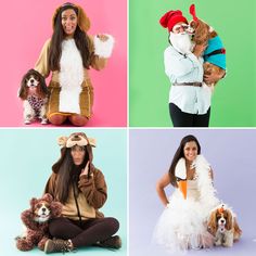 four pictures of women dressed up in costumes and holding dogs, one is wearing a dog costume