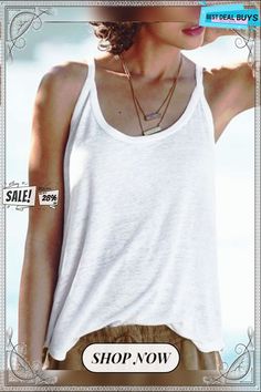 White Cotton-blend Sleeveless Shirts & Tops Casual Stretch Tank Top For Summer, Summer Solid Sleeveless Blouse Tops, Summer Tank Top Vest, Cotton Vest Top For Vacation, Casual Tank Vest For Summer, Trendy Solid Tops For Beach Season, White Casual Vest With Relaxed Fit, Casual White Relaxed Fit Vest, Trendy Solid Color Tops For Beach Season