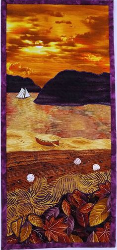 a quilted wall hanging with a sailboat in the distance and leaves on the ground