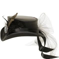 Fancy | Womens Victorian Leather Top Hat combines vintage charm with modern sophistication. Crafted from lightweight USA-made leather, this top hat is adorned with a satin black band and delicate mesh overlay, featuring a bow closure at the back and an antique medallion with feathers. Perfect for making a bold, elegant statement. Material: Lightweight USA Made Leather Shape: Top Hat Trim: Satin Black Band with Mesh Overlay, Bow Back Closure, and Antique Medallion with Feathers Brim Size: 2” Crow Classic Top Hat With Curved Brim, Luxury Artisan Top Hat With Short Brim, Luxury Brimmed Top Hat For Fall, Luxury Curved Brim Top Hat For Winter, 1800s Hats Victorian Ladies, Luxury Black Top Hat For Country-style Events, Luxury Chic Top Hat With Curved Brim, Luxury Brown Top Hat With High Crown, Luxury Fur Felt Top Hat For Formal Occasions