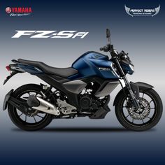 a blue and black motorcycle is shown in front of a gray background with the words fz251 on it