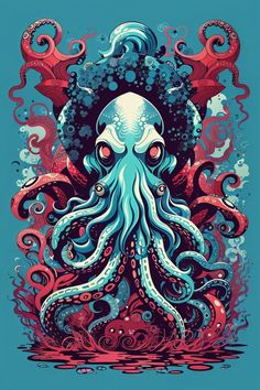 an octopus with red eyes and tentacles floating in the ocean, surrounded by water waves