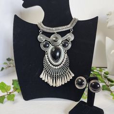 Boho Ethnic Bib Style Necklace Silver Tone With Crystal Stones And Black Faux Stones 20" Total Chain Length Post Button Style Earrings New #28 Bohemian Hippie Gypsy Ethnic Casual Dressy Wedding Festival Black Dangle Jewelry For Festivals, Black Dangle Jewelry For Festival, Black Bohemian Dangle Jewelry, Bohemian Black Dangle Jewelry, Bohemian Black Jewelry For Festivals, Black Metal Necklace For Festivals, Black Metal Necklace For Festival, Elegant Silver Jewelry Sets For Festivals, Bohemian Silver Jewelry Sets For Party