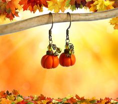 "These darling handcrafted pumpkin earrings are made with polymer clay pumpkins, wire wrapped pumpkin vines trailing down, accented with Czech glass beads. An adorable and simple pair of autumn earrings, perfect for Halloween and throughout Thanksgiving. These also make a great Hostess Gift or Halloween Gift. 🎃🎃 D E T A I L S * Pumpkin Size: 1/2\" * Ear Wires: Antique Brass * Ear Wire Styles: Open leaf, lever back, fish hooks, kidney wire * Earring Length: Approx Open leaf - 2 1/8\" * kidney w Wire Wrapped Pumpkin, Clay Pumpkins, Kidney Wire Earrings, Pumpkin Vine, Autumn Earrings, Wire Earring, Jack O'lantern, Autumn Bride, Fish Hooks