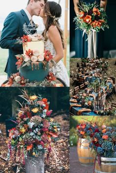 a collage of photos with flowers and plants on them, including a bride and groom