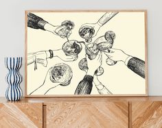 a black and white drawing of people holding wine glasses in the middle of a circle