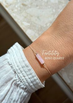 This fertility support bracelet is made with rose quartz which is said to bring support for a successful and safe pregnancy. It is a great gift for your loved ones that are in the process of getting pregnant or that are currently going through IVF. It makes the perfect meaningful mom to be gift! ♥ The bracelet will come with a description card of the gemstone as pictured. ✦ MATERIALS: ~ Natural Rose Quartz Tube (13x4mm) ~ Beading cord in beige ~ Accent Beads: 14k Gold Filled or Sterling Silver ✦ Adjustable Rose Gold Bracelet For Meditation, Healing Rose Quartz Beaded Bracelets In Rose Gold, Rose Gold Rose Quartz Jewelry For Meditation, Healing Rose Gold Rose Quartz Beaded Bracelet, Adjustable Rose Quartz Birthstone Jewelry, Hypoallergenic Rose Quartz Spiritual Jewelry, Adjustable Rose Quartz Crystal Bracelet For Meditation, Rose Gold Rose Quartz Bracelets For Healing, Rose Gold Rose Quartz Bracelet For Healing