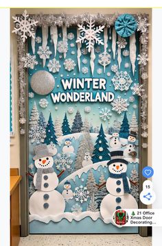 an image of a door decorated with snowmen and christmas trees for the winter wonderland