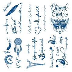 several different tattoo designs on a white background with the words eternal girl written in cursive writing