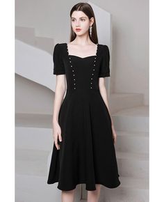 Buy retro knee length black chic semi party dress with short sleeves high quality at affordable price online. Free shipping and pro custom service since 2009. Classic Black Midi Dress For Party, Classic Mini Length Midi Dress For Party, Solid Color Short Sleeve Midi Dress For Cocktail, Elegant Short Sleeve Dress For Night Out, Knee-length Short Sleeve Dress For Summer Evening, Elegant Fitted Short Sleeve Dress For Night Out, Classic Tea Length Midi Dress For Party, Elegant Short Sleeve Dress With Square Neck For Spring, Black Short Sleeve Midi Dress For Cocktail