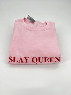 SLAY QUEEN available in 100% ringspun cotton tee or 50/50 cotton/poly blend crewneck sweatshirt-choose from so many colors  NOTES:  -Standard Processing time is between 1-5 Business Days (We work our butts off to get our orders out sooner than this. During the holidays expect slight delays as we are busier than ever, but know that we are working around the clock to make sure your order gets to you ASAP.   -Our Free Shipping uses USPS First Class mail which takes 1-5 business days to be delivered. -Upgrade to Priority shipping (for an extra fee) and receive your package in 2-3 business days. -IN A HURRY? Purchase our RUSH listing from our store to have your package mailed out same or next business day with expedited shipping.  **IMPORTANT - PLEASE READ! -We do not accept returns unless item Pink Pre-shrunk Cotton Sweatshirt, Pink Cotton Crew Neck T-shirt, Pink Crew Neck T-shirt With Embroidered Text, Pink Embroidered Text Crew Neck T-shirt, Streetwear Embroidered Text T-shirt Crew Neck, Streetwear Embroidered Text Crew T-shirt, Streetwear Crew T-shirt With Embroidered Text, Pink Crew Sweatshirt With Screen Print, Pink Crew Neck Sweatshirt With Screen Print