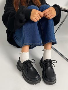 Black Cool    Plain Oxfords Embellished   Women Shoes Black Chunky Lace Up Shoes Outfit, Platform Lace Up Loafers Outfit, Black Lace Up Shoes Outfit, Woman Black Shoes, Oxfords Shoes Women's, Lace Up Oxfords Women, Aesthetic Oxford Shoes, Black Platform Oxfords Outfit, Lace Loafers Outfit