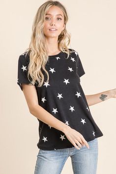 Star Print Top in Black and White French Terry Fabric Model Is Wearing Size Small Black And White French, White French, Stars At Night, French Terry Fabric, Girls Night Out, Star Print, Print Top, Girls Night, Print Tops