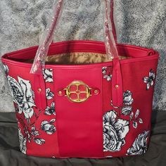 This Is A Beautiful Large Iman Shoulder Tote Bag With Zipper. New Without Tags Attached But Includes Card Insert And Plastic Still On Handles. Completely Clean With No Stains, Rips Or Other Damage. Please See Pictures For Measurements. Red Floral Print Tote Bag, Elegant Red Bags With Floral Print, Red Floral Print Shoulder Bag, Elegant Red Floral Print Bags, Red Floral Print Bags For Daily Use, Red Floral Print Travel Bag, Red Floral Print Rectangular Bag, Daily Use Red Floral Print Bags, Red Floral Print Shoulder Bag For Everyday Use