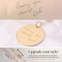 "2 Side Engraved 14K Solid Gold Disc, Engraved Actual Handwriting Pendant Necklace in 14k Solid Gold, Memorial Signature Disk Necklace, Personalized Own Handwriting Disc Pendant Handwritten Loss Gift, Send me the photo of your or your loved ones handwriting. Material: Solid Gold (real gold, no gold-filled or no gold plated material) Karat: 14 K (585) Available gold color: Yellow, rose, and white Available disc diameter: 11 mm, 13 mm, 15 mm, 17 mm The average thickness of the disc: 0.40 mm You ca 14k Gold Personalized Signature Jewelry, Personalized Yellow Gold Jewelry With Hallmark, 14k Gold Jewelry With Hallmark For Personalized Gift, Formal Round Necklace With Hallmarks, 14k Gold Signature Jewelry Gift, Gold Engraved Necklaces For Father's Day, Signature Engraved Jewelry For Anniversary, 14k Gold Signature Jewelry As Gift, Signature 14k Gold Jewelry As Gift