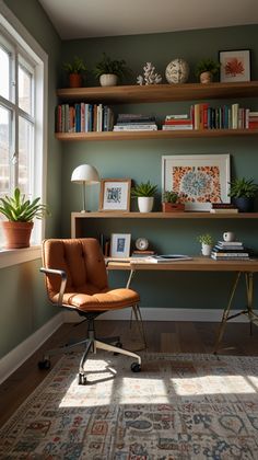 a room with a chair, desk and bookshelf filled with plants in it