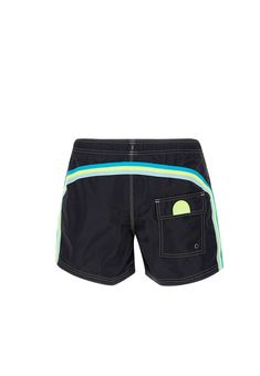 Sundek 'Boardshort' men's swimsuit, black, contrasting color profiles, low elasticated waist with white drawstring and logoed ends, two side welt pockets, one back pocket with velcro and applied logo patch, regular fit. Composition: 100% Poliammide Black Beachwear Swimwear With Functional Drawstring, Black Beachwear Swimwear With Drawstring, Black Nylon Shorts For Pool, Black Swimwear Shorts With Pockets, Black Swimwear With Functional Drawstring And Short Shape, Black Sporty Swimwear With Pockets, Sporty Black Swimwear With Pockets, Black Sporty Swim Trunks For Surfing, Black Swim Trunks With Side Pockets