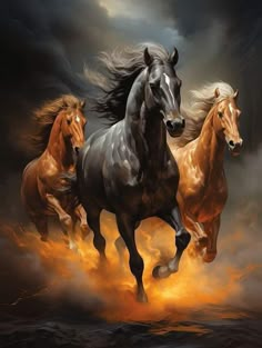 three horses running in the air with their hair blowing in the wind and clouds behind them