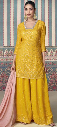 Yellow color Salwar Kameez in Silk fabric with Embroidered, Sequence, Thread work Designer Palazzo, Plazzo Suits, Lehenga Suit, Suits Online Shopping, Sharara Suits, Patiala Suit, Palazzo Suit, Designer Salwar Kameez, Sharara Suit