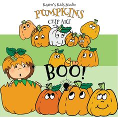 pumpkins clip art with the words boo written in black and white, surrounded by cartoon faces