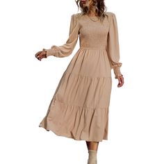 Khaki Crew Neck Smocked Swing Midi Dress Fitted Beige Smocked Dress For Fall, Casual Beige Smocked Dress With Smocked Cuffs, Beige Dresses With Smocked Cuffs For Fall, Fall Beige Dress With Smocked Cuffs, Casual Beige Smocked Long Sleeve Dress, Beige Long Sleeve Smocked Dress With Smocked Cuffs, Beige Long Sleeve Smocked Dress, 51 Kg, Fall Family Photo Outfits