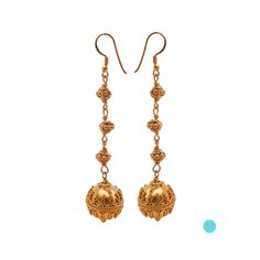 These dangle earrings feature 16mm 22 carat gold vermeil granulation beads, 6mm gold vermeil barrel beads, and gold vermeil hooks. Length is 2.25 inches. Weight is 14.75 grams. Check out our other Earrings: https://www.etsy.com/shop/KartiniStudio?section_id=16840717&ref=shopsection_leftnav_3 Elegant Latkan Earrings With Round Beads, Elegant Latkans Earrings, Festival Jewelry With Round Beads And Ear Wire, Gold Round Beads Earrings For Gift, Formal Long Drop Earrings With Dangling Beads, Formal Long Drop Dangling Beads Earrings, Festival Drop Earrings With Dangling Beads, Gold Beaded Long Drop Earrings As A Gift, Gold Long Drop Beaded Earrings Gift