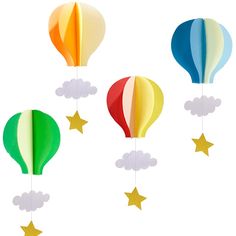 three colorful hot air balloons with stars hanging from the strings, on a white background