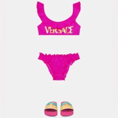 Versace Kids Logo Ruffle-Trimmed Bikini Your Little One Will Look Ever-So Stylish In This Bikini From Versace Kids. It's Made From Stretch-Fused Swim Fabric With Elasticated Ruffle Trims And An Unmissable Logo. Made In Italy Lining: 75% Polyamide, 25% Elastane, Partially Lined Closure: Clip Fastening Designer Color Name: Cerise Care Instructions: Hand Wash Two-Piece Set Material: 78% Polyamide, 22% Elastane Elasticated Waistband Pink Swimming Sets For Beachwear, Pink Swimming Sets For Summer, Pink Beachwear Sets For Swimming, Pink Sleeveless Sets For Beach Season, Pink Summer Swimwear Sets, Pink Summer Swimming Sets, Pink Sets For Poolside Summer, Pink Summer Swimming Set, Pink Beachwear Sets For Vacation