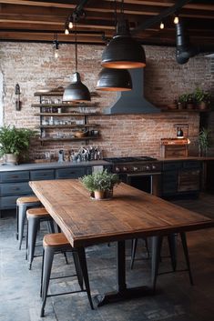 an industrial style kitchen with brick walls and wooden table, stools, potted plants on the counter