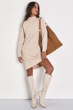 Head out for the day feeling as comfy as you are cute in the Lulus Cozy Stroll Beige Mock Neck Button Mini Sweater Dress! Soft, lightweight ribbed knit shapes this casually chic dress with a mock neckline framed by long, dolman sleeves with decorative tortoise buttons at the shoulders. The relaxed, pullover silhouette falls to a cute mini hem, perfect for showing off your favorite knee-high boots! Fit: This garment fits true to size. Length: Knee Length. Size medium measures 33" from shoulder to Turtleneck Mini Dress Outfit, Pregnant Sweater Dress, Fall Shirt Dress, Chelsea Boots Outfits, Winter Sweater Dress, Boots Fit, Casually Chic, Sweater Dress Outfit, Mini Sweater