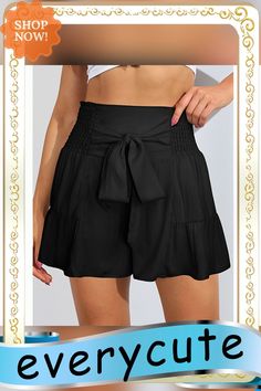 Black Ruffle Hem Tie Waist Wide Leg Culotte Chic Summer Bottoms With Bow Detail, High Waist Black Ruffled Shorts, High Waist Black Shorts With Ruffles, Black High-waisted Ruffled Shorts, Black Ruffled Shorts For Summer, Summer Black Ruffled Shorts, Bottoms Shorts, Black Ruffle, Ruffle Hem