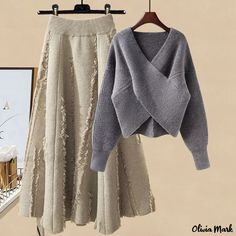 Olivia Mark - Relaxed Sweater and High-waisted Midi Skirt Set Cross Sweater, Midi Skirt Set, Simplicity Dress, Loose Fit Sweater, Khaki Skirt, Skirts Midi High Waisted, Full Dress, Gray Top, Loose Outfit