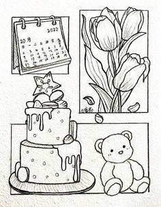 a drawing of a birthday cake with flowers and a teddy bear sitting next to it