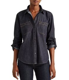 Lauren Ralph Lauren Point Collar Long Roll-Tab Sleeve Button Front Denim Shirt | Dillard's Ralph Lauren Denim Shirt, Under Armour Apparel, Ralph Lauren Womens Clothing, Womens Denim Shirt, Ralph Lauren Style, Classic Jacket, Ralph Lauren Denim, Chambray Shirt, Fashion 2020