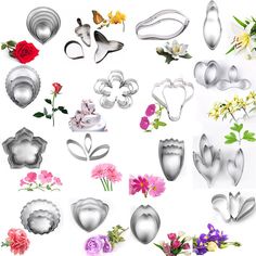 many different types of cookie cutters with flowers and hearts in them on a white background