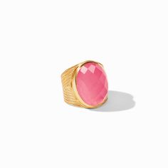 A standout rose cut gemstone sits atop a shank decorated with elegant chevron detailing. Blue Obsidian, Large Stone Rings, Julie Vos, Peony Pink, Hoop Charms, Gold Statement Ring, Green Pearls, Pink Jewelry, Hinged Bangle