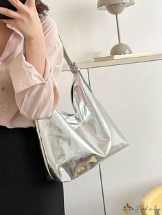 BirdinBag - Silver PU Shoulder Tote: Elegant and Practical Silver Shoulder Bag For Summer Shopping, Silver Shoulder Bag For Summer, Silver Rectangular Bags For Spring, Casual Silver Shoulder Bag For Shopping, Silver Bag, Silver Bags, Shoulder Tote, Bags Shoulder, Pu Leather