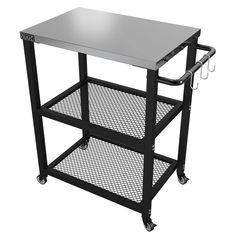 a stainless steel work table on casteors with wheels and mesh basket under the top