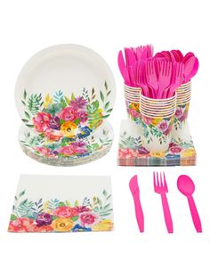 Serves 24 Guests: Serve up to 24 guests with our disposable dinnerware set that includes 24 floral party plates, paper cups, dinner napkins, pink plastic knives, spoons, and forks; 144 total pieces Disposable Tea Party Supplies: Our tableware features vibrant and colorful flower bouquets that will instantly elevate springtime floral party supplies at a birthday party or tea party baby shower Quick and Easy Clean-Up: No need to stop the fun to clean up, the watercolor flower print tea party plate Tea Party Supplies, Floral Paper Plates, Vintage Birthday Parties, Watercolor Flower Prints, Floral Napkins, Tea Party Decorations, Floral Paper, Tea Party Bridal Shower, Party Bundles