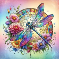 a dragonfly sitting on top of flowers in front of a rainbow sky with stars