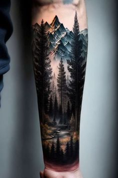 Individual Tattoo, Background Tattoo Design, Forest Tattoo Sleeve, Forest Forearm Tattoo, Mountains Background, Mountains Tattoo, Background Tattoo, Forest Tattoo