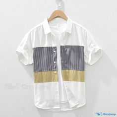 OrcaJump - Cotton Blend Relaxed Fit Short Sleeve Patchwork Colorblock Shirt Multicolor Cotton Shirt With Contrast Color, Multicolor Contrast Cotton Shirt, Casual White Shirt With Patchwork, Casual White Patchwork Shirt, White Color Block Short Sleeve Shirt, White Short Sleeve Shirt With Contrast Color, Casual Striped Color Block Shirt, Striped Color Block Cotton Shirt, Casual Yellow Patchwork Shirt